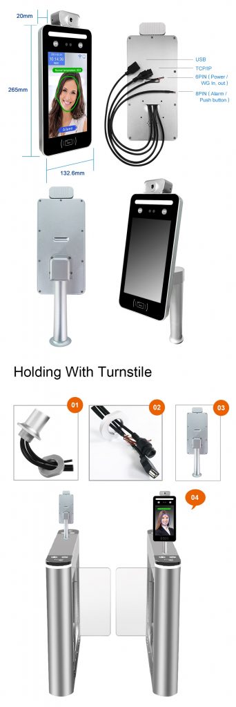 Máy chấm công kiểm soát cửa tự động khuôn mặt kết hợp đo thân nhiệt Ronald Jack AI08FT