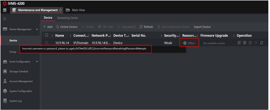 Thiết bị Offline ngoại tuyến không kết nối phần mềm chấm công hikvision ivms-4200